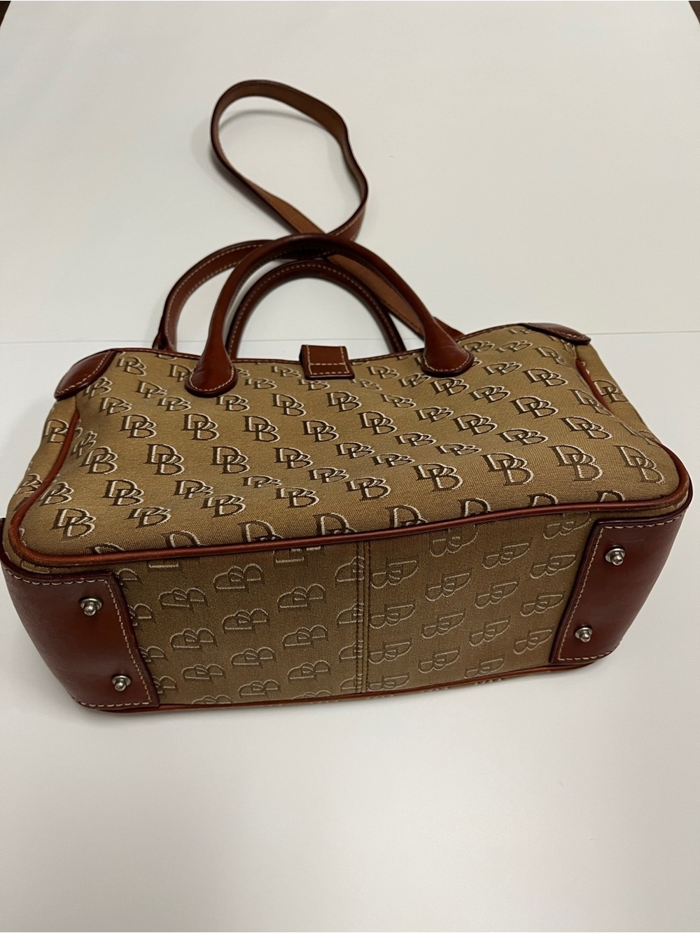 Dooney & Bourke Tan Monogram Satchel with Brown Leather Trim with strap - Picture 5 of 5
